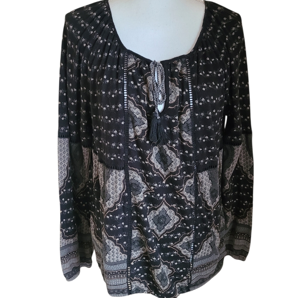 lucky brand black grey paisley print peasant blouse boho tassel tie size L